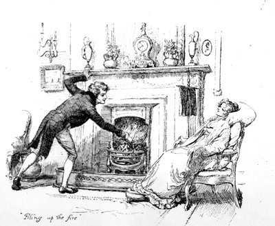 &39;Empilhando o fogo&39;, ilustração para &39;Orgulho e Preconceito&39; de Jane Austen, edição publicada em 1894 de Hugh Thomson